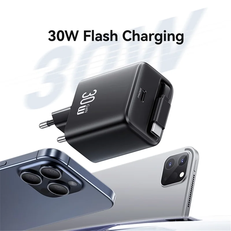 USAMS CC241 30W Type-C Charger GaN PD3.0+QC3.0 Power Adapter with Retractable Cable, EU Plug - White