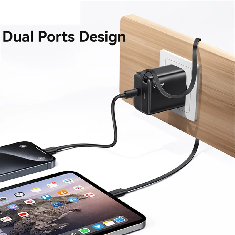 USAMS CC241 30W Type-C Charger GaN PD3.0+QC3.0 Power Adapter with Retractable Cable, EU Plug - White