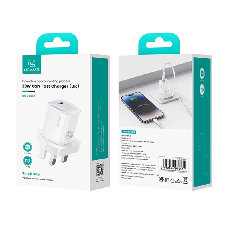 USAMS CC250 GaN Charger PD 3.0 Fast Charging 20W Wall Adapter, UK Plug - Black
