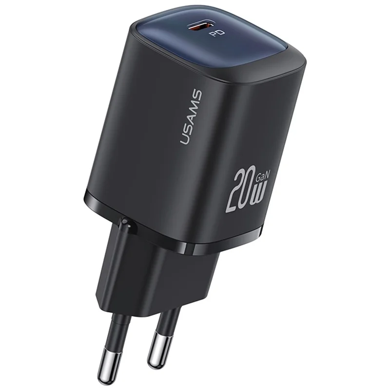 USAMS CC248 PD 20W GaN Carregador Compacto Design, Carregador Rápido, Adaptador, Plug EU - Preto