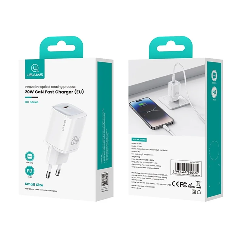 USAMS CC248 PD 20W GaN Carregador Compacto Design, Carregador Rápido, Adaptador, Plug EU - Preto