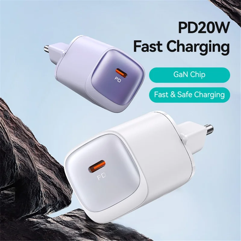 USAMS CC248 PD 20W GaN Carregador Compacto Design, Carregador Rápido, Adaptador, Plug EU - Preto