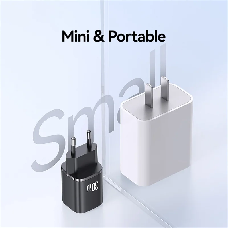 شاحن USAMS CC251 سريع من نوع GaN بقوة 30 واط، محول طاقة صغير جدًا بنظام إيصال الطاقة، قابس أوروبي - أسود