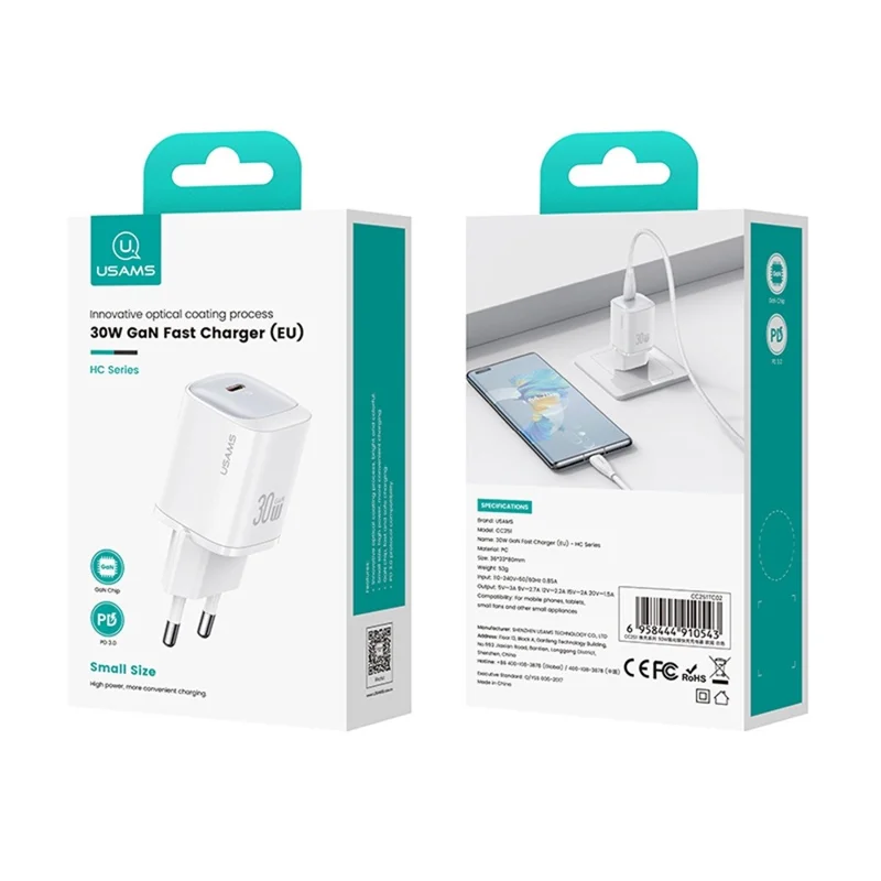 شاحن USAMS CC251 سريع من نوع GaN بقوة 30 واط، محول طاقة صغير جدًا بنظام إيصال الطاقة، قابس أوروبي - أسود