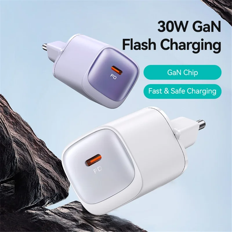 شاحن USAMS CC251 سريع من نوع GaN بقوة 30 واط، محول طاقة صغير جدًا بنظام إيصال الطاقة، قابس أوروبي - أسود