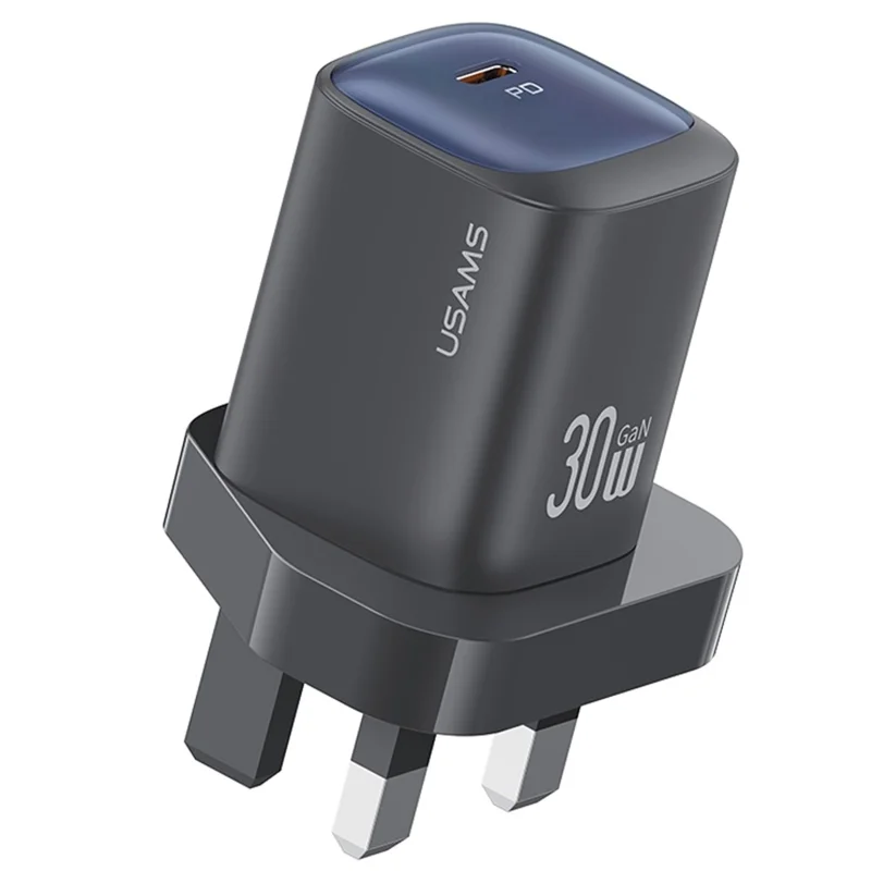 USAMS CC253 PD 30W One-Port GaN Cargador USB-C Compacto de Pared, Enchufe del Reino Unido - Negro