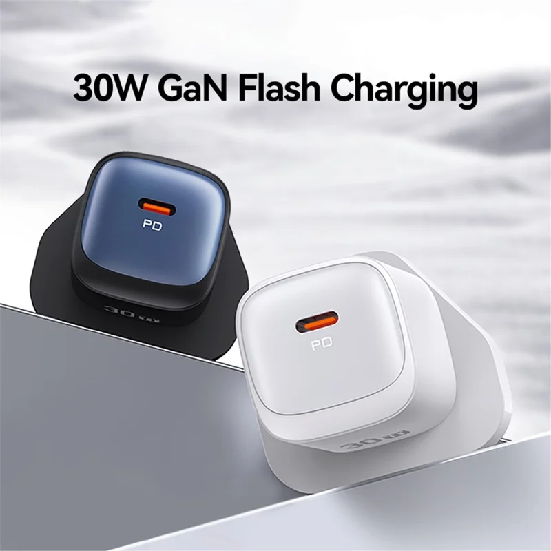 USAMS CC253 PD 30W One-Port GaN Cargador USB-C Compacto de Pared, Enchufe del Reino Unido - Negro