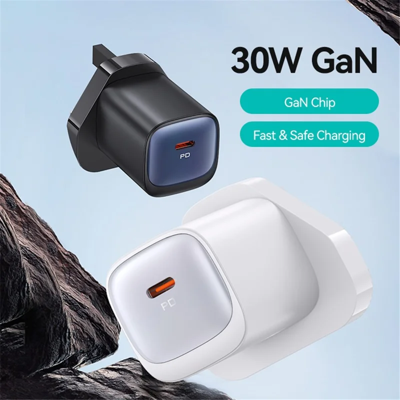 USAMS CC253 PD 30W One-Port GaN Cargador USB-C Compacto de Pared, Enchufe del Reino Unido - Negro