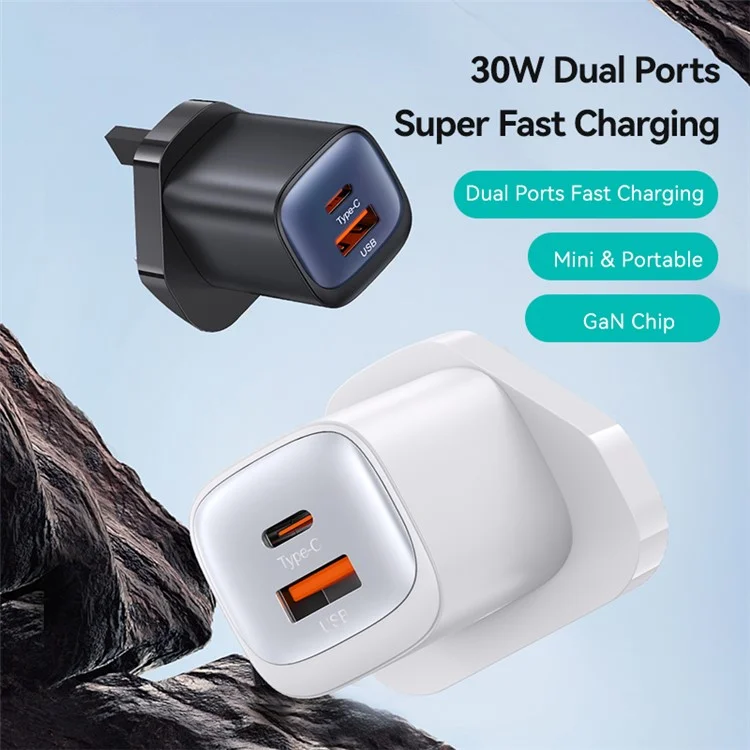 USAMS CC256 30W Dual Port GaN Charger Type-C + USB-A Fast Charging Adapter, UK Plug - Black