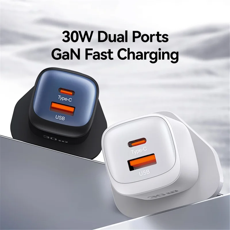 USAMS CC256 30W Dual Port GaN Charger Type-C + USB-A Fast Charging Adapter, UK Plug - White