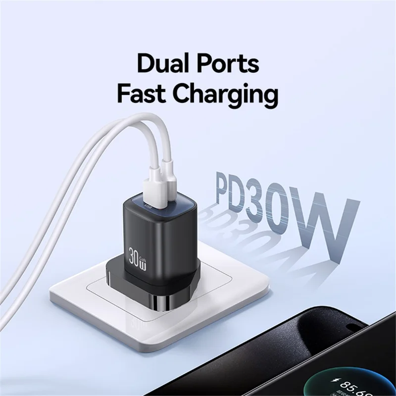 USAMS CC256 30W Dual Port GaN Charger Type-C + USB-A Fast Charging Adapter, UK Plug - White