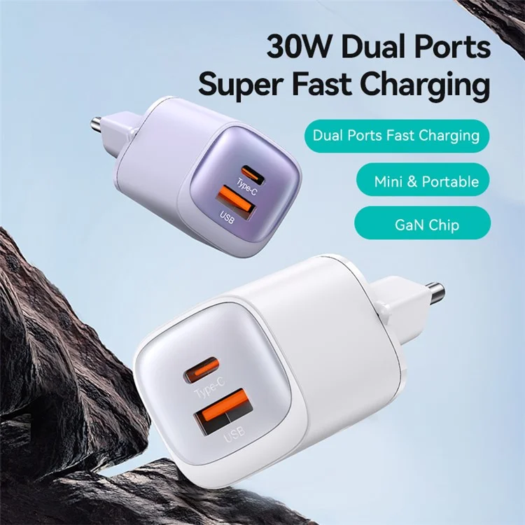 USAMS CC254 30W GaN Charger Type-C + USB-A Compact Quick Charge Wall Adapter, EU Plug - Black