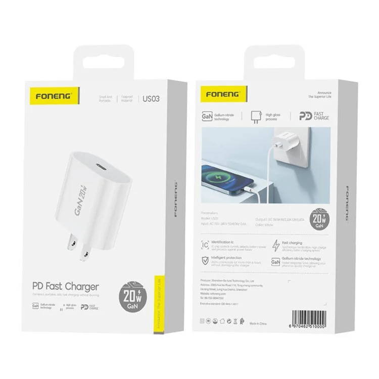 FONENG US03 PD 20W Phone Fast Charging Adapter Type-C Port Wall Charger, US-Stecker