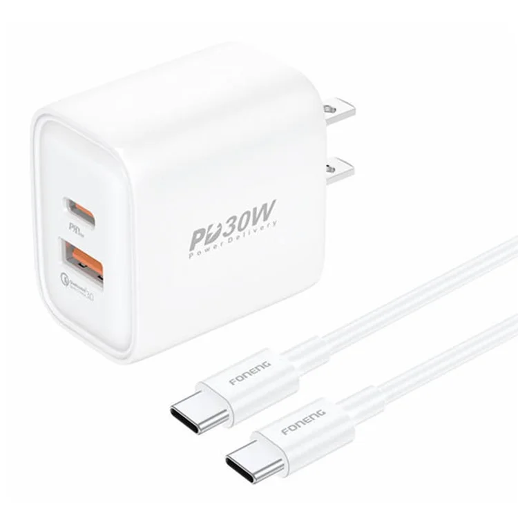 FONENG US06 USB+Type-C PD 30W Chargeur rapide de téléphone US Prise murale avec câble Type-C vers Type-C