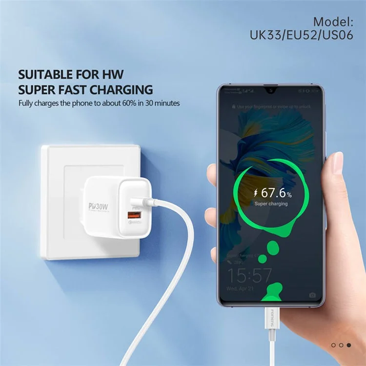 FONENG US06 USB+Type-C PD 30W Chargeur rapide de téléphone US Prise murale avec câble Type-C vers Type-C