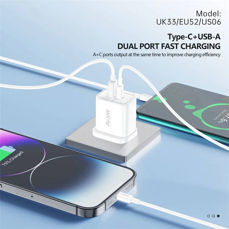 FONENG US06 USB+Type-C PD 30W Chargeur rapide de téléphone US Prise murale avec câble Type-C vers Type-C