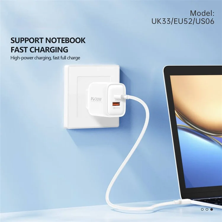 FONENG US06 USB+Type-C PD 30W Chargeur rapide de téléphone US Prise murale avec câble Type-C vers Type-C