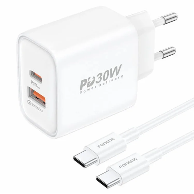 FONENG EU52 PD30W Chargeur Rapide Adaptateur USB + Type-C Port Double Chargeur Mural avec Câble USB-C