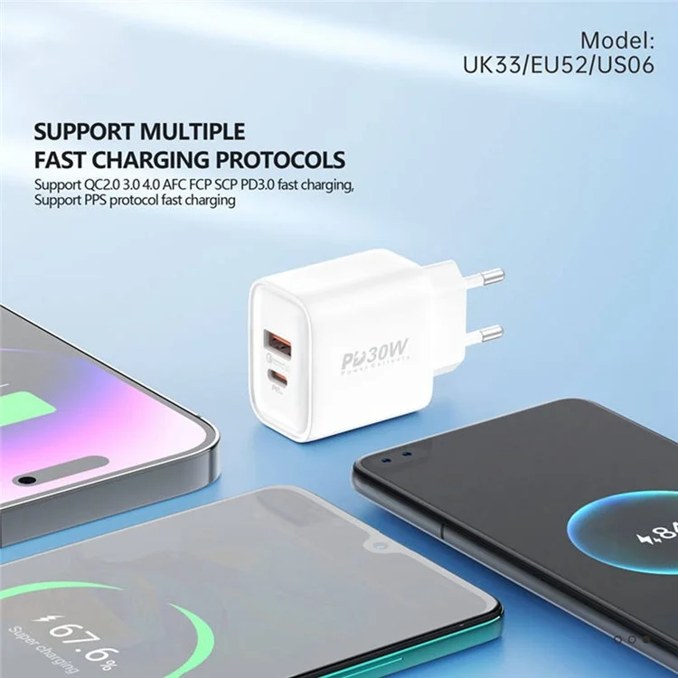 FONENG EU52 PD30W Chargeur Rapide Adaptateur USB + Type-C Port Double Chargeur Mural avec Câble USB-C