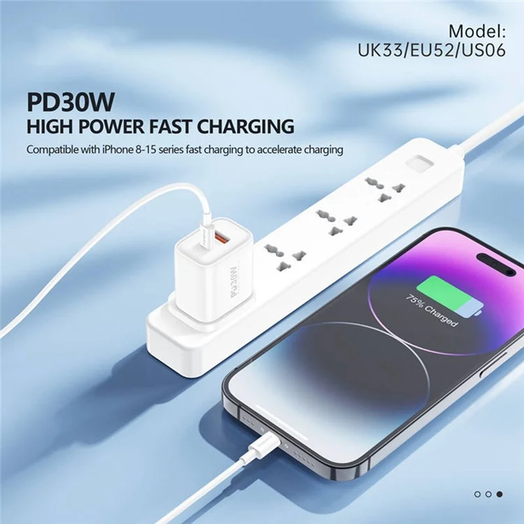 FONENG EU52 PD30W Chargeur Rapide Adaptateur USB + Type-C Port Double Chargeur Mural avec Câble USB-C