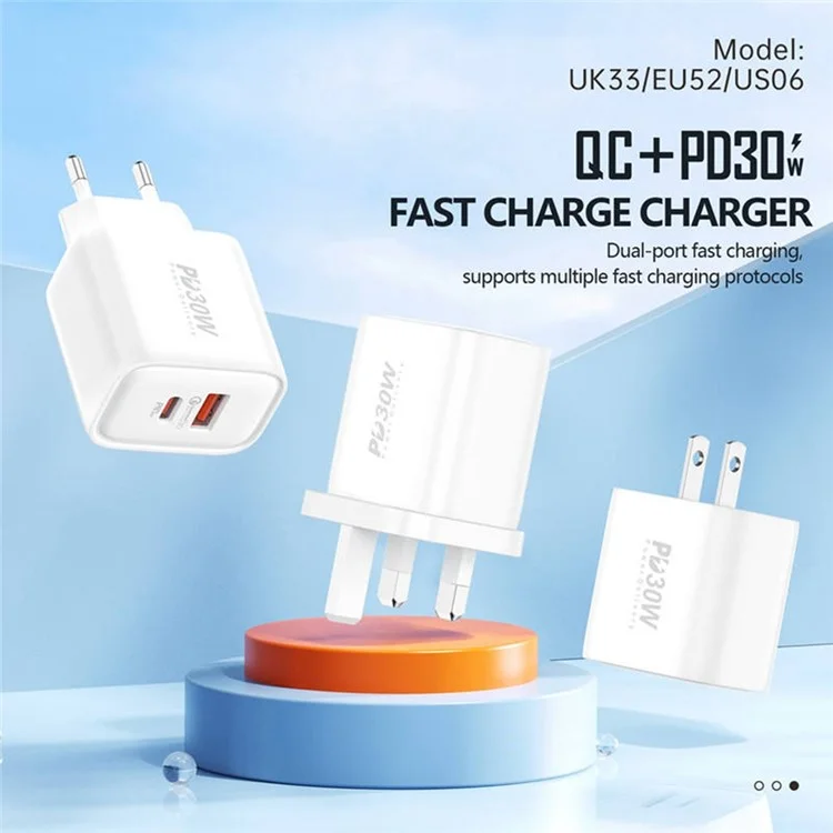 FONENG EU52 PD30W Chargeur Rapide Adaptateur USB + Type-C Port Double Chargeur Mural avec Câble USB-C