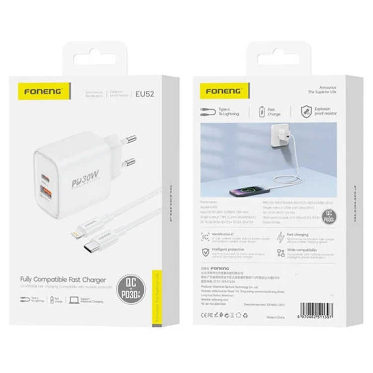 FONENG EU52 PD30W Chargeur Rapide Adaptateur USB + Type-C Port Double Chargeur Mural avec Câble USB-C