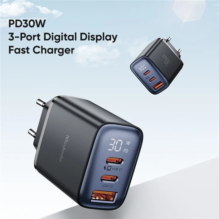 Mcdodo CH-2180 30W Dual Type-C+USB-A Wall Charger Digital Display Adapter, eu Plug - Белый