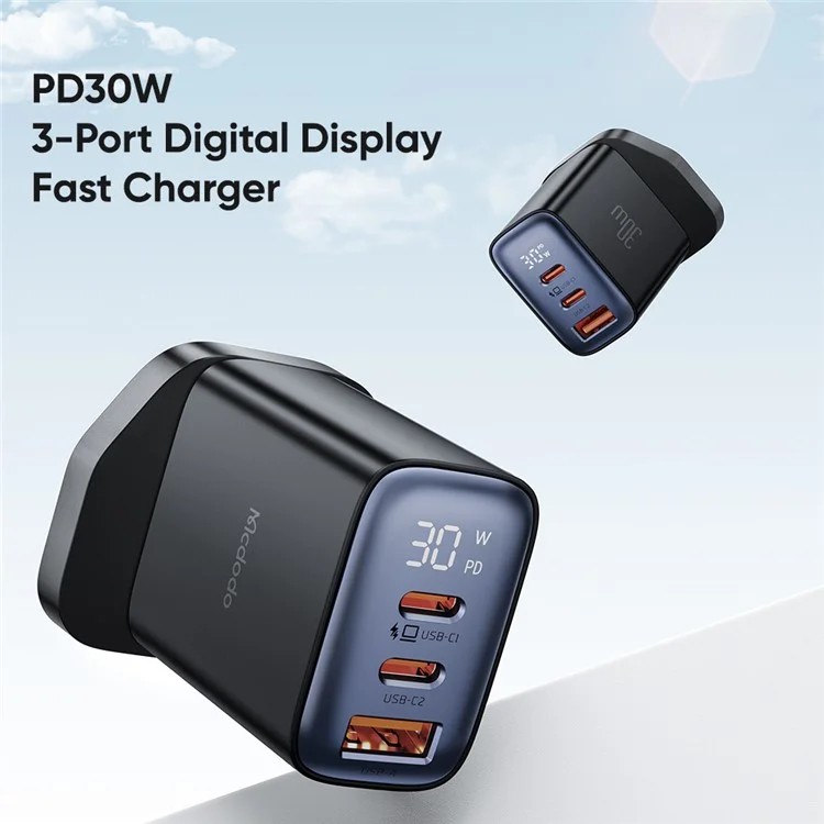 MCDODO CH-2170 30W 3-Port Digital Display Fast Charger (Dual Type-C+USB-A), UK Plug - Black
