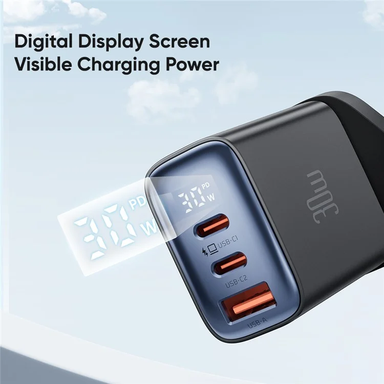 MCDODO CH-2170 30W 3-Port Digital Display Fast Charger (Dual Type-C+USB-A), UK Plug - Black