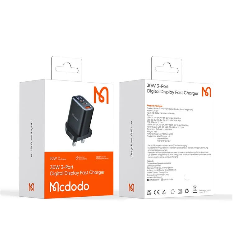 MCDODO CH-2170 30W 3-Port Digital Display Fast Charger (Dual Type-C+USB-A), UK Plug - Black