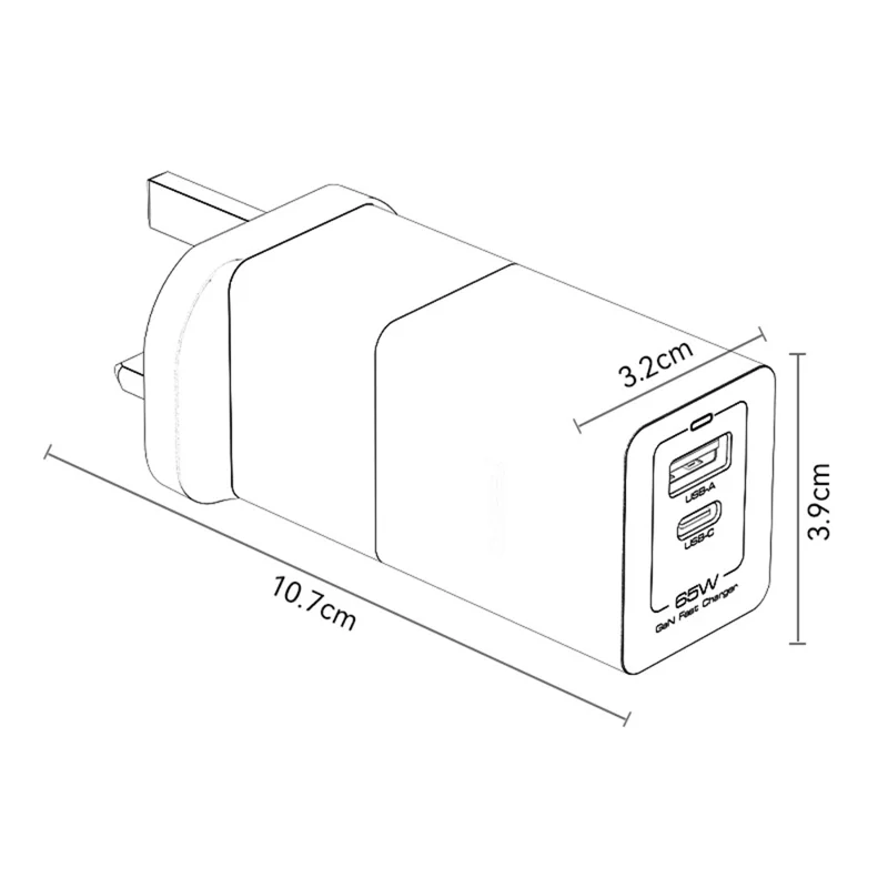 YESIDO YC92 USB-A + Type-C Dual Port 65W Fast Charging Power Adapter with Type-C Cable, UK Plug