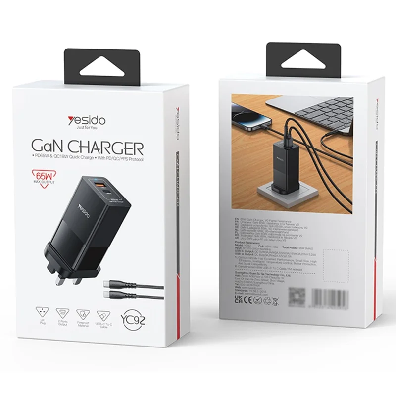 YESIDO YC92 USB-A + Type-C Dual Port 65W Fast Charging Power Adapter with Type-C Cable, UK Plug