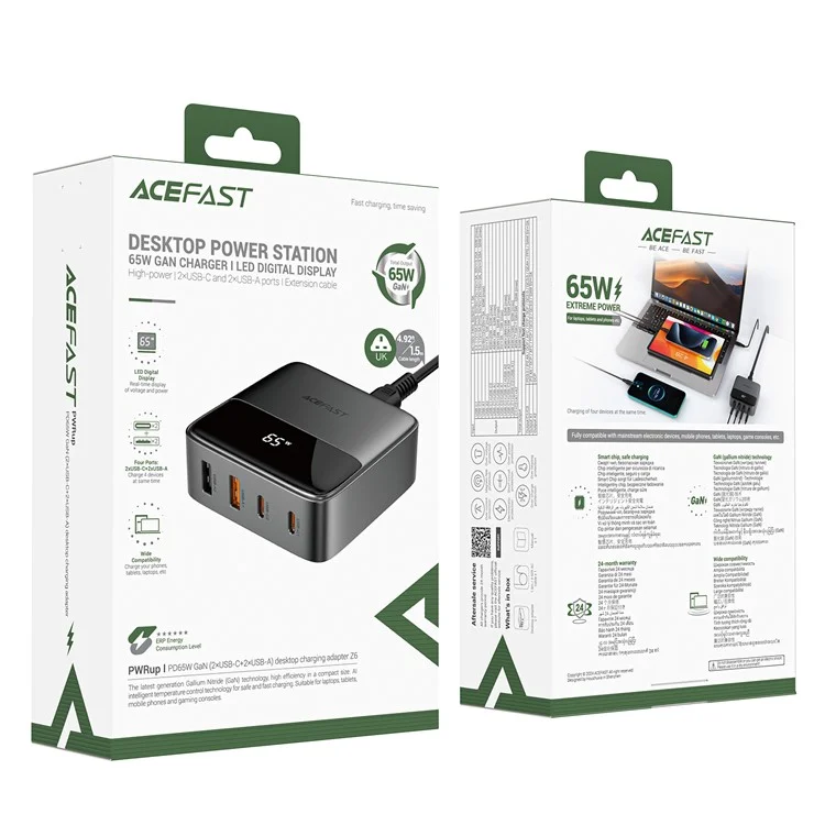Acefast Z6 UK Plug PD 65W Gan Charger 2 Usb-c + 2 USB-A Charger Power Sportion