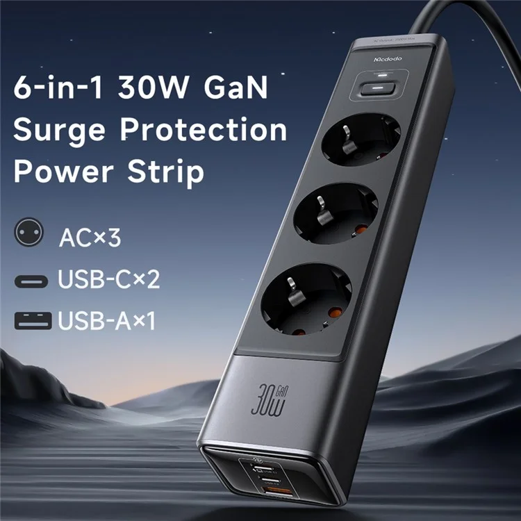 Mcdodo CH-0620 Eu-stecker 6-in-1 30W Gan Surge Protection Power Strip (3 AC+3 USB-C+USB-A) - Schwarz