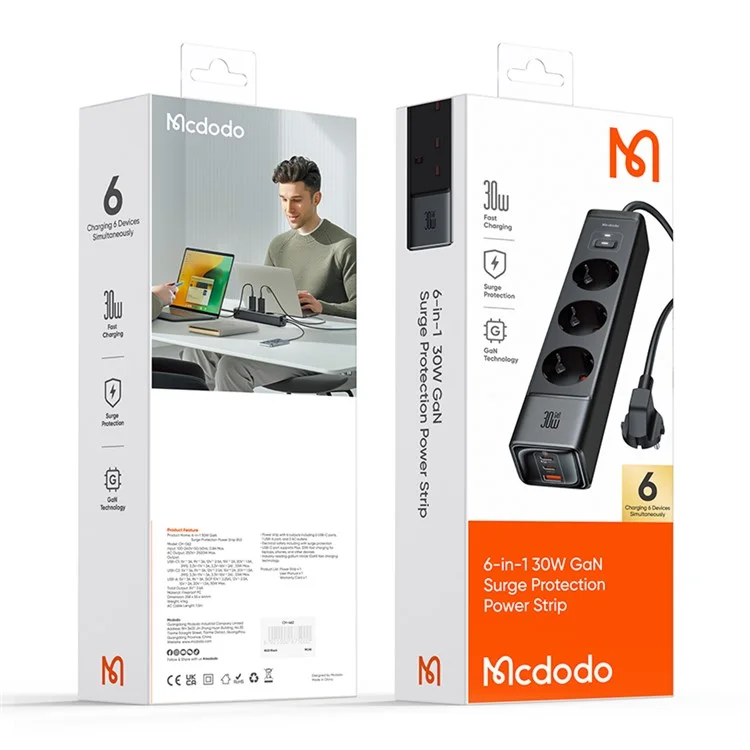 Mcdodo CH-0620 Eu-stecker 6-in-1 30W Gan Surge Protection Power Strip (3 AC+3 USB-C+USB-A) - Schwarz