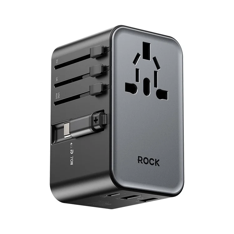 ROCK JY-355MAX PD 70W GaN Travel Adapter with Retractable Cable, 2 USB-A+USB-C Wall Charger