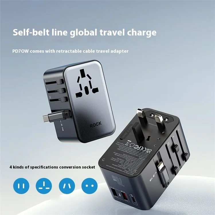 ROCK JY-355MAX PD 70W GaN Travel Adapter with Retractable Cable, 2 USB-A+USB-C Wall Charger