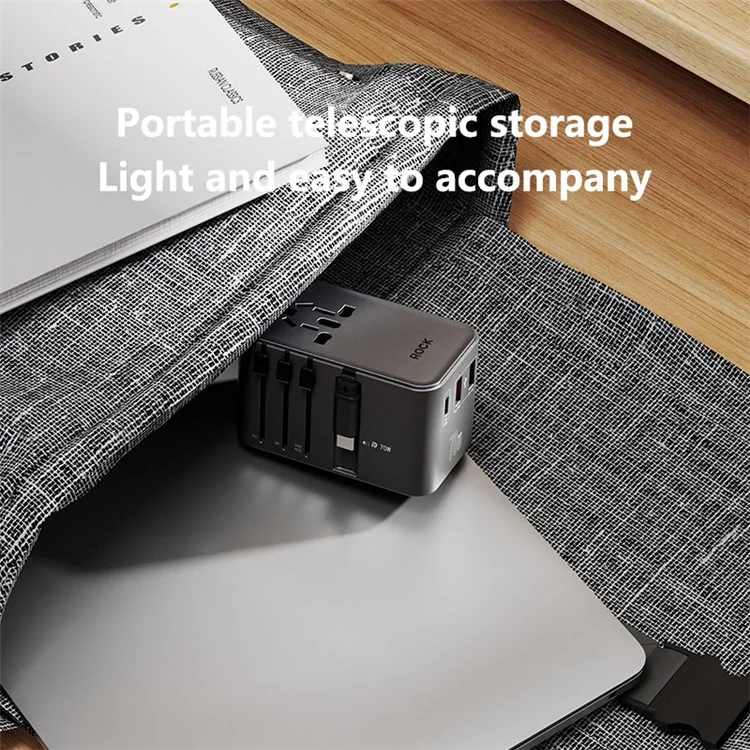 ROCK JY-355MAX PD 70W GaN Travel Adapter with Retractable Cable, 2 USB-A+USB-C Wall Charger
