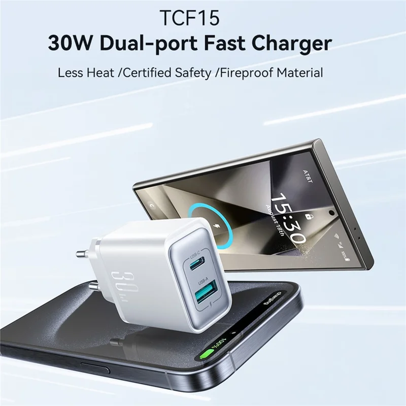 JOYROOM JR-TCF15 30W Cargador de Pared USB-C+USB-A Doble Puerto PD Carga Rápida Adaptador, Enchufe de la UE