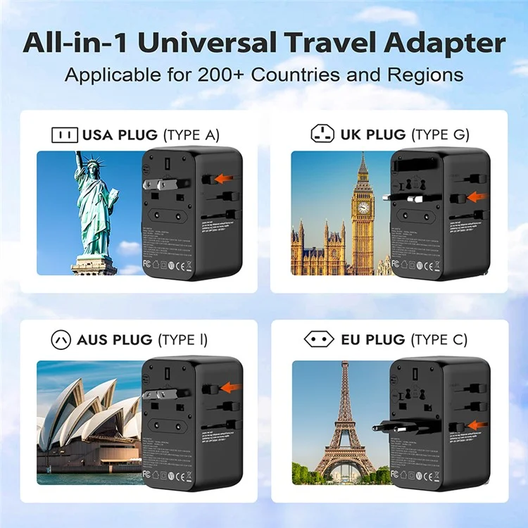 Bulk Acquista 669DTW 45W Adattatore di Potenza da Viaggio in Tutto il Mondo 2USB-A+3USB-C Converter