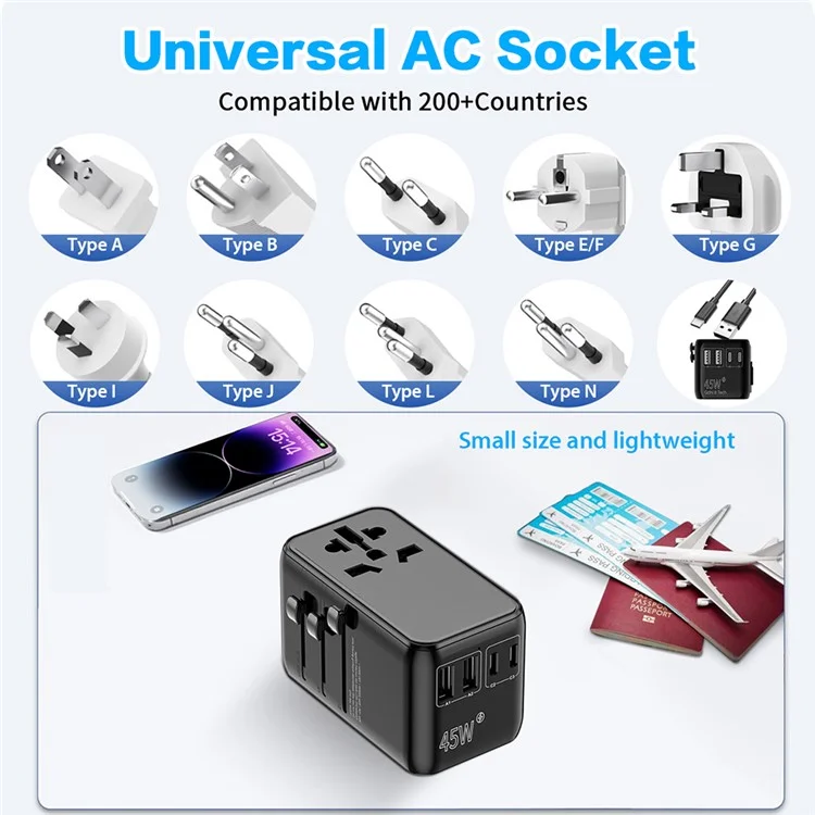 Bulk Acquista 669DTW 45W Adattatore di Potenza da Viaggio in Tutto il Mondo 2USB-A+3USB-C Converter