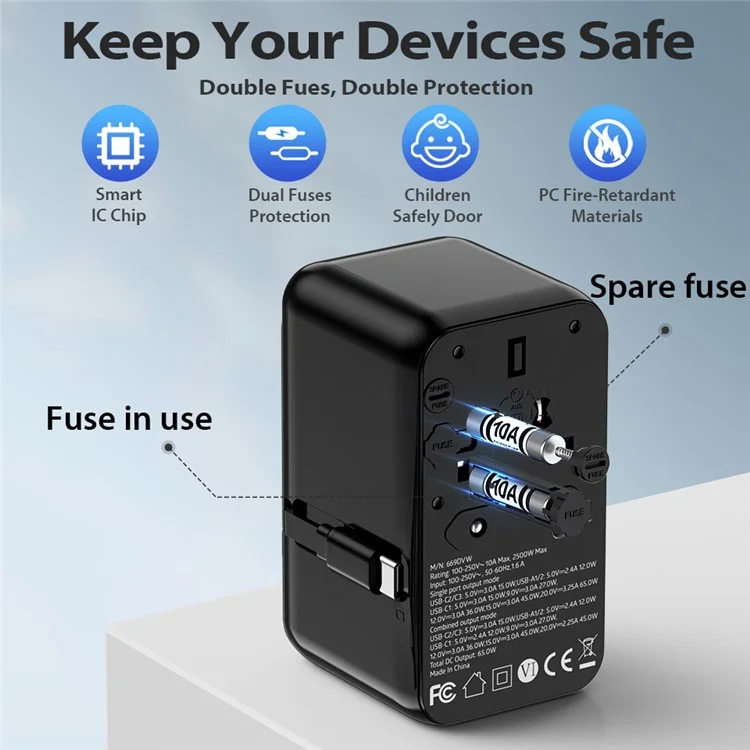Bulk Purchasing 669DVW 65W Worldwide Travel Power Adapter 2USB-A+3USB-C Charger Plug Converter