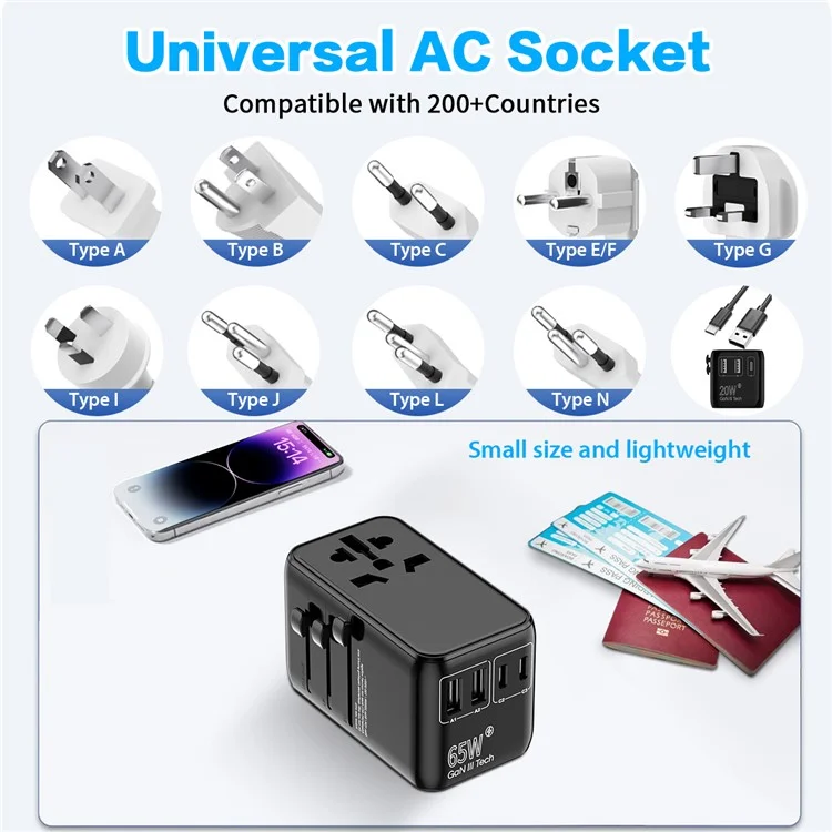Bulk Purchasing 669DVW 65W Worldwide Travel Power Adapter 2USB-A+3USB-C Charger Plug Converter