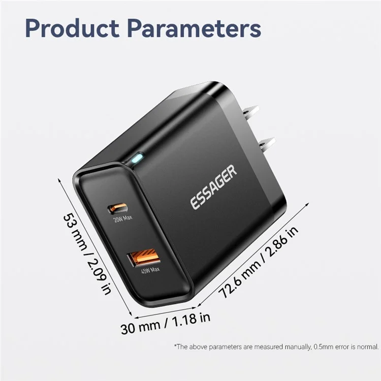 Adaptateur D'alimentation Portable Essager 65W Charge Rapide USB-A + Type-C Double Ports Charger - Plug