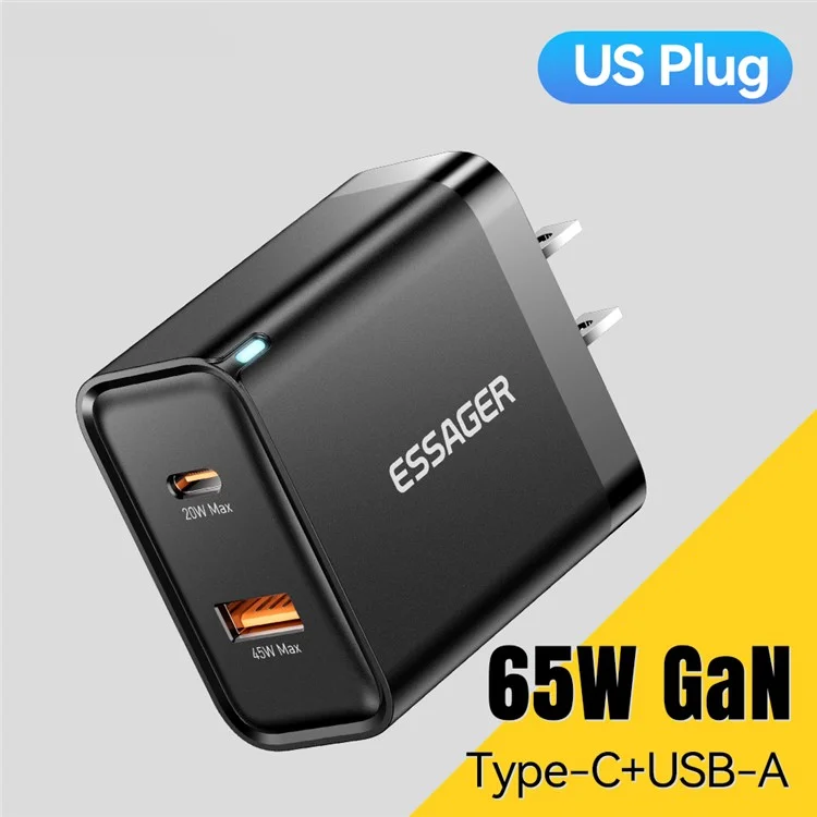 Adaptateur D'alimentation Portable Essager 65W Charge Rapide USB-A + Type-C Double Ports Charger - Plug