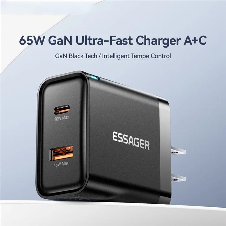Adaptateur D'alimentation Portable Essager 65W Charge Rapide USB-A + Type-C Double Ports Charger - Plug