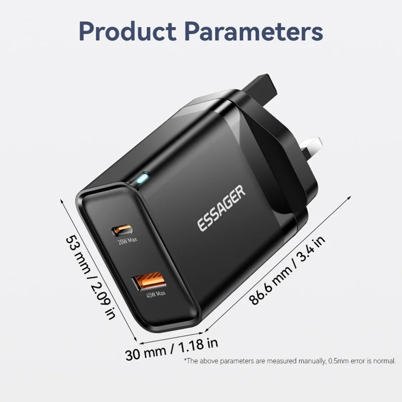 ESSAGER 65W Fast Charging Portable Power Adapter USB-A + Type-C Dual Ports Travel Charger - UK Plug