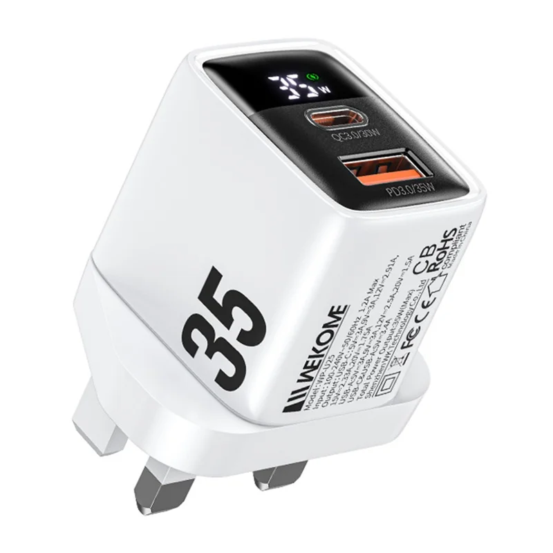 Wekome WP-U25 35W Gan Ladegerät Dual Port Fast Wall Ladegerät Digitalanzeigeadapter, Großbritannienstecker - Weiß