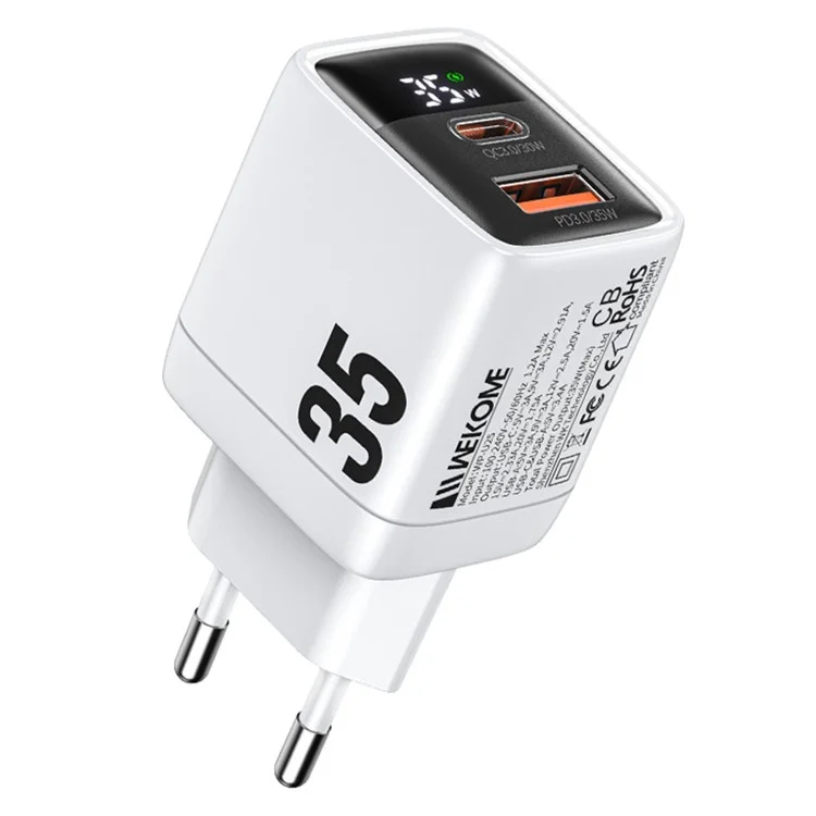 WEKOME WP-U25 35W Caricabatterie GaN Dual Port Fast Wall Charger Display Digitale Adattatore, Spina UE - Bianco