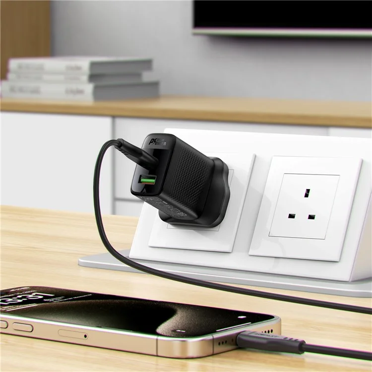 Aceffat A99 PD 30W Gan Caricabatterie Addebitato Rapido USB-C+USB-A Dual Port Charger, Plug UK